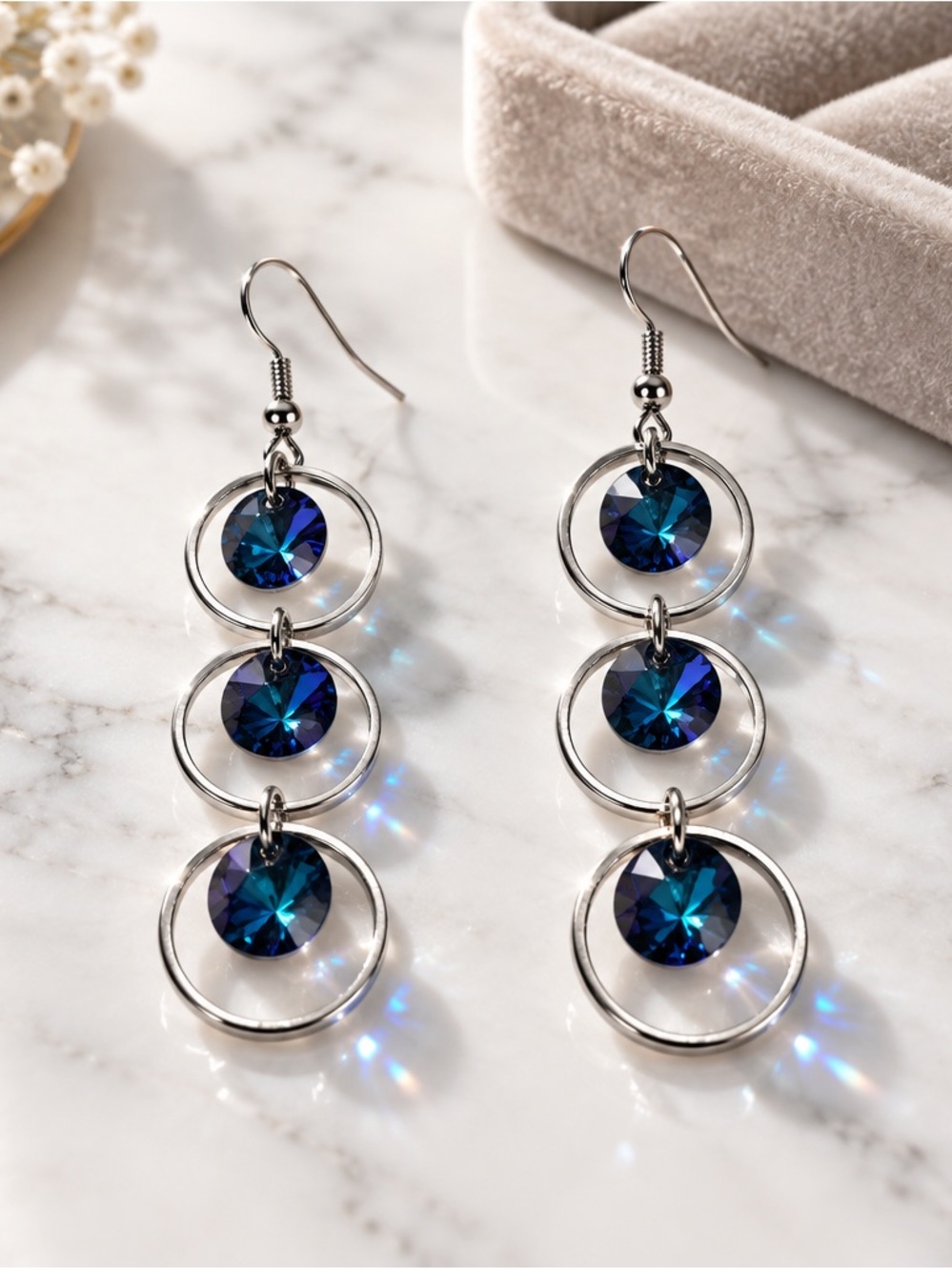 Fashion Jewelry Blue Crystal Triple Hoop Drop Earrings